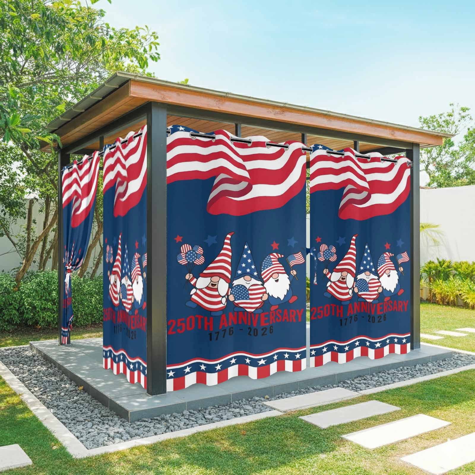 Anniversary Outdoor Curtains for Patio, Patriotic Gnome USA Flag Independence Day Sunshade Privacy Drapes Grommet Waterproof Outside Curtains for Porch/Cabana/Balcony 54"x 95", 2 Panel