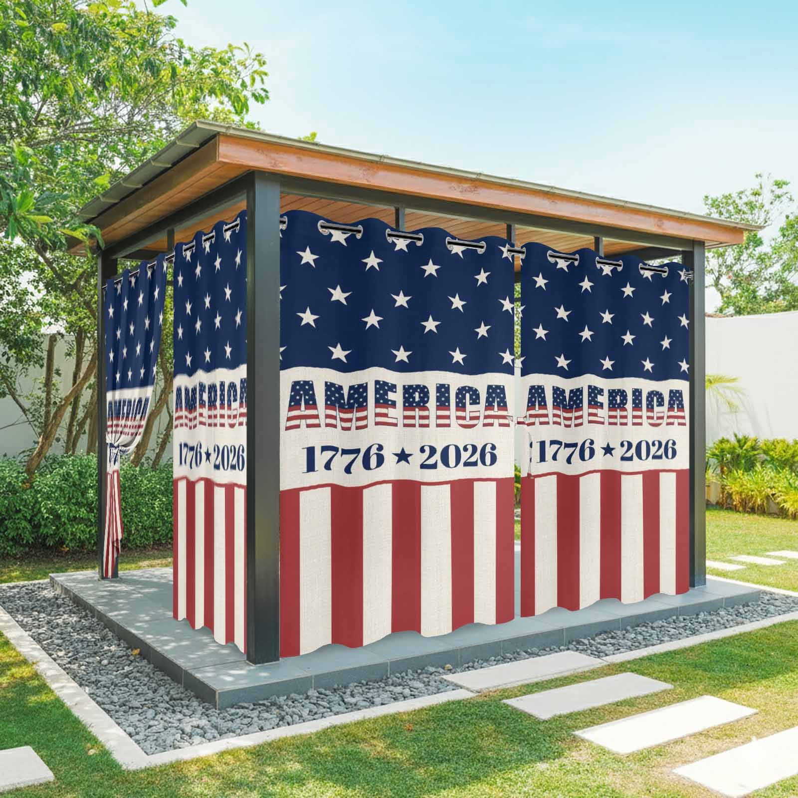 Anniversary Outdoor Curtains for Patio, USA Flag Red Striped Blue Star Sunshade Privacy Drapes Grommet Waterproof Outside Curtains for Porch/Cabana/Balcony 54"x 84", 1 Panel