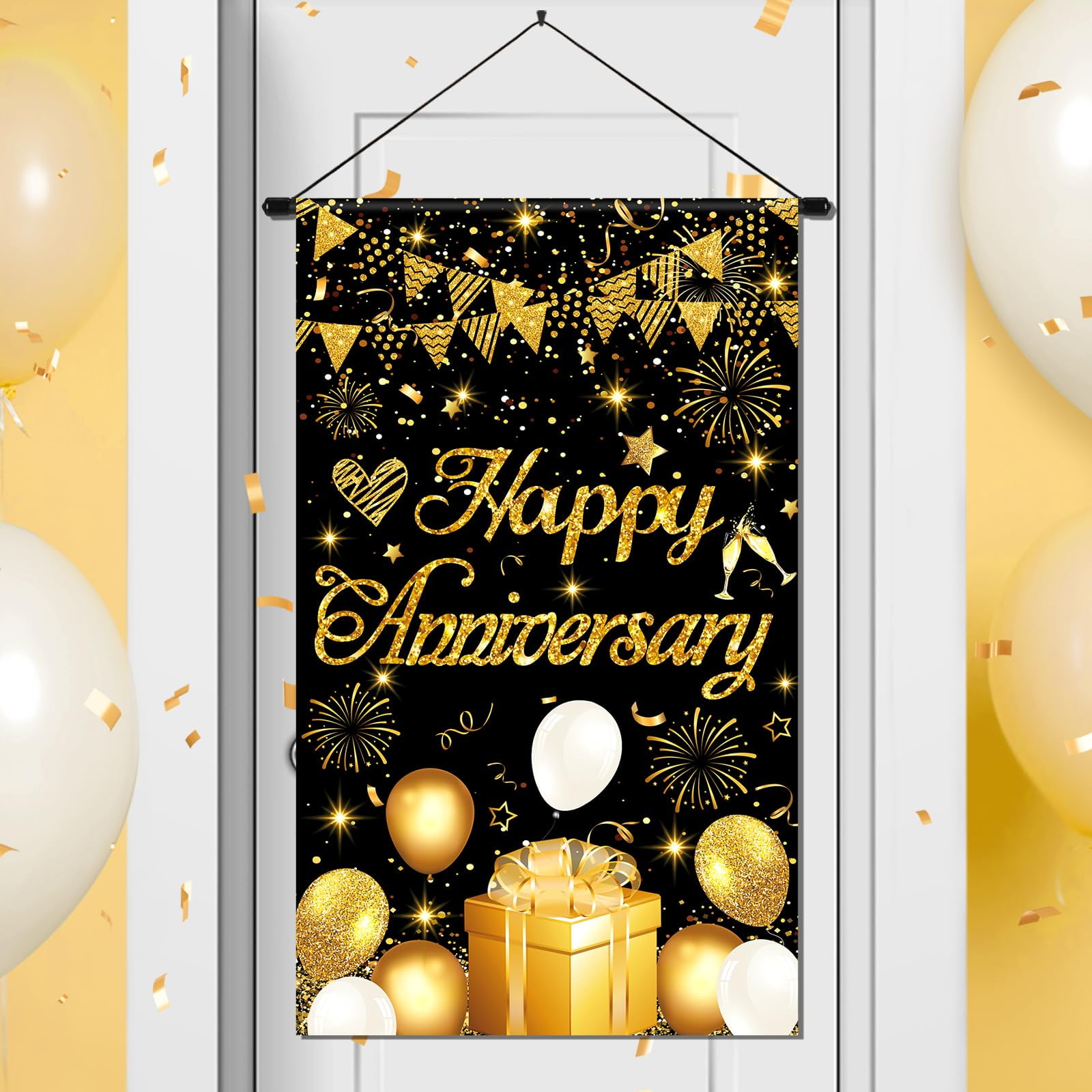 Happy Anniversary Door Banner - White Gold Wedding Anniversary Party Decor