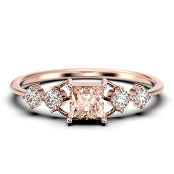 Anniversary Ring Minimalist 0.75 Carat Princess Cut Morganite And Diamond Moissanite Engagement Ring, Dainty Wedding Ring in 10k Solid Rose Gold, Gift For Her, Promise Ring