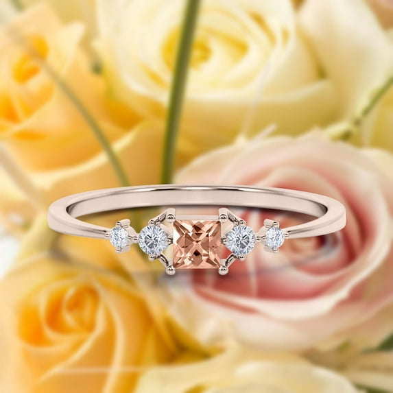 Anniversary Ring Minimalist 0.75 Carat Princess Cut Morganite And Diamond Moissanite Engagement Ring, Dainty Wedding Ring in 10k Solid Rose Gold, Gift For Her, Promise Ring