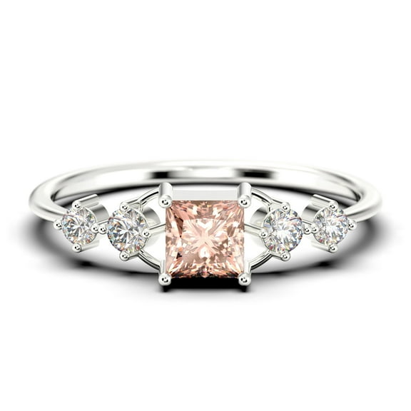Anniversary Ring Minimalist 0.75 Carat Princess Cut Morganite And Diamond Moissanite Engagement Ring, Dainty Wedding Ring in 925 Sterling Silver With 18k White Gold Plating Gift For Her, Promise Ring