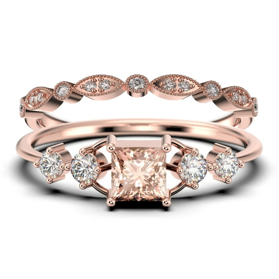 Anniversary Ring Minimalist 1.25 Carat Princess Cut Morganite And Diamond Moissanite Engagement Ring, Dainty Wedding Ring in 10k Solid Rose Gold, Promise Ring, Bridal Set, Matching Band