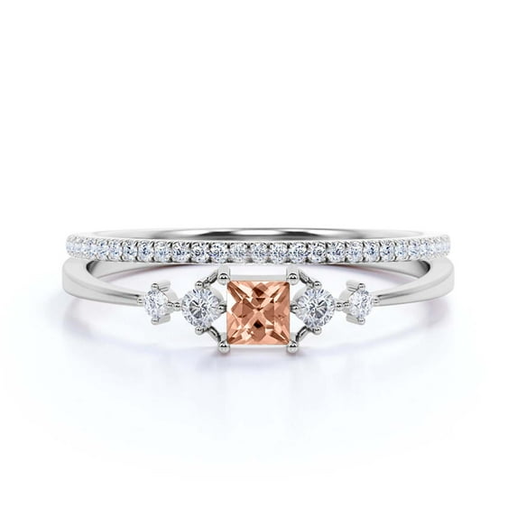 Anniversary Ring Minimalist 1.25 Carat Princess Cut Morganite And Diamond Moissanite Engagement Ring, Dainty Wedding Ring in 10k Solid White Gold, Promise Ring, Bridal Set, Matching Band