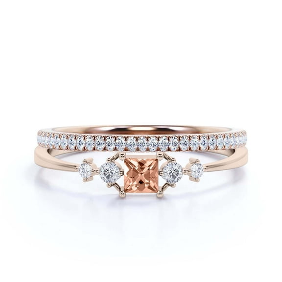 Anniversary Ring Minimalist 1.25 Carat Princess Cut Morganite And Diamond Moissanite Engagement Ring, Dainty Wedding Ring in 925 Sterling Silver With 18k Rose Gold Plating, Bridal Set, Matching Band