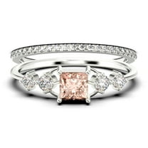 Anniversary Ring Minimalist 1.25 Carat Princess Cut Morganite And Diamond Moissanite Engagement Ring, Dainty Wedding Ring in 925 Sterling Silver With 18k White Gold Plating, Bridal Set, Matching Band