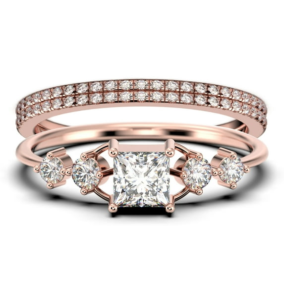 Anniversary Ring Minimalist 1.75 Carat Princess Cut Diamond Moissanite Engagement Ring, Dainty Wedding Ring in 925 Sterling Silver With 18k Rose Gold Plating, Trio Set, Matching Band