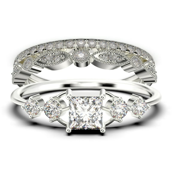 Anniversary Ring Minimalist 1.75 Carat Princess Cut Diamond Moissanite Engagement Ring, Dainty Wedding Ring In 925 Sterling Silver With 18K White Gold Plating, Trio Set, Matching Band