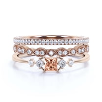 Anniversary Ring Minimalist 1.75 Carat Princess Cut Morganite And Diamond Moissanite Engagement Ring, Dainty Wedding Ring in 10k Solid Rose Gold, Gift For Her, Promise Ring, Trio Set, Matching Band