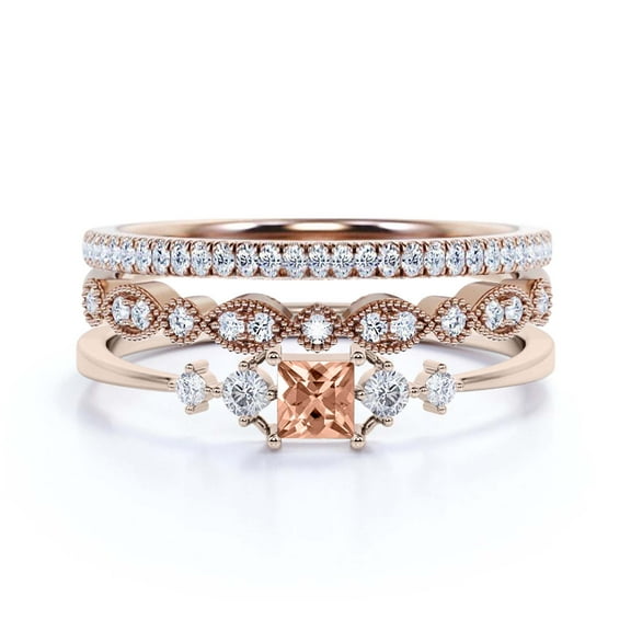Anniversary Ring Minimalist 1.75 Carat Princess Cut Morganite And Diamond Moissanite Engagement Ring, Dainty Wedding Ring in 10k Solid Rose Gold, Gift For Her, Promise Ring, Trio Set, Matching Band