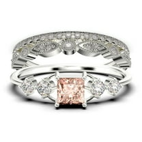 Anniversary Ring Minimalist 1.75 Carat Princess Cut Morganite And Diamond Moissanite Engagement Ring, Dainty Wedding Ring in 10k Solid White Gold, Gift For Her, Promise Ring, Trio Set, Matching Band