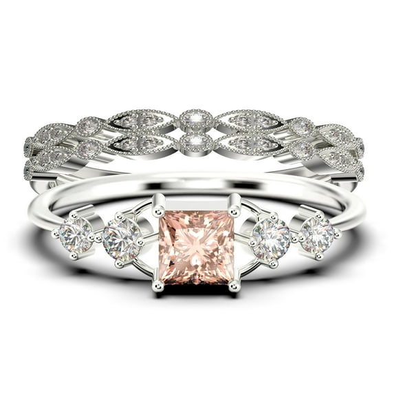 Anniversary Ring Minimalist 1.75 Carat Princess Cut Morganite And Diamond Moissanite Engagement Ring, Dainty Wedding Ring in 925 Sterling Silver With 18k White Gold Plating, Trio Set, Matching Band