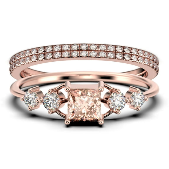 Anniversary Ring Minimalist 1.75 Carat Princess Cut Morganite And Diamond Moissanite Engagement Ring, Dainty Wedding Ring In 10K Solid Rose Gold, Gift For Her, Promise Ring, Trio Set, Matching Band