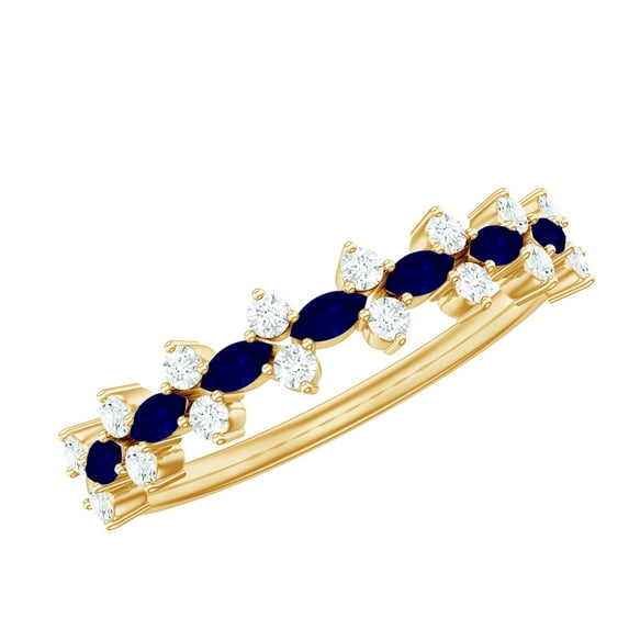 Rosec Jewels Anniversary Ring with Blue Sapphire and Diamond, Half Eternity Ring for Women, 18K Yellow Gold, US 6.50