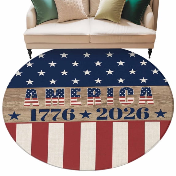 Anniversary Round Living Room Rugs 8 ft, USA Flag Red Striped Blue Star ...