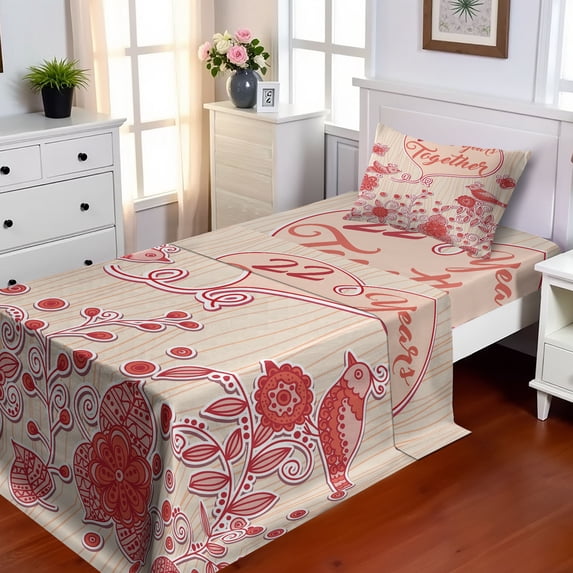 Ambesonne Anniversary Fitted & Top Sheet Set with Sham, 22 Years Together Birds, Coral and Champagne