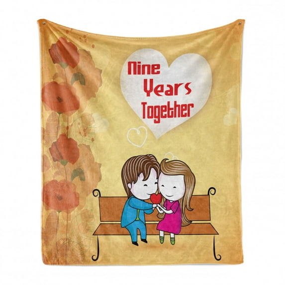 Anniversary Soft Flannel Fleece Throw Blanket, 9 Years Together Cartoon Couple Sits on a Bench with Floral Ornaments, Cozy Plush for Indoor and Outdoor Use, 60" x 80", Multicolor, by Ambesonne