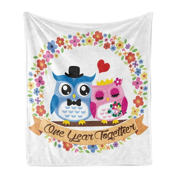 Anniversary Soft Flannel Fleece Throw Blanket, Year Together Lettering with Owl Couple in Floral Wreath Frame, Cozy Plush for Indoor and Outdoor Use, 50" x 70", Multicolor, by Ambesonne