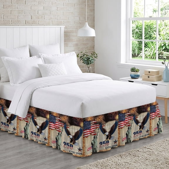 Anniversary USA Flag Bed Skirt Queen Size 16 Inch Drop, Bald Eagle Statue of Liberty Adjustable Elastic Dust Ruffles Bedskirt for Queen Bed Wrap Around Pleated Mattress Frame Cover