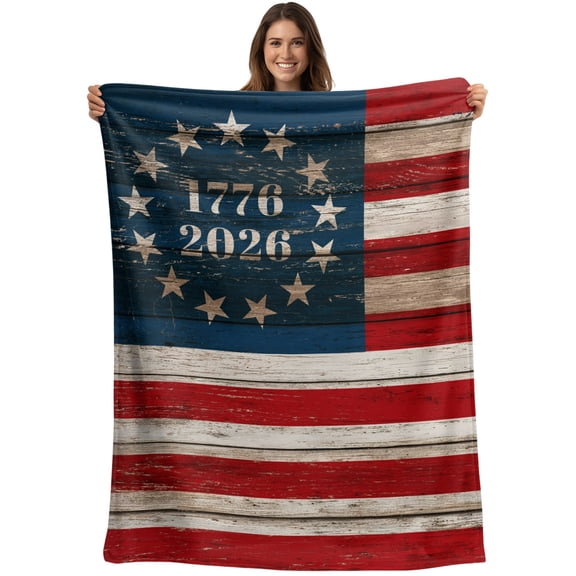 Anniversary USA Flag Blanket Soft Cozy Warm Throw Blanket for Couch, Plush Fuzzy Flannel Blankets for Sofa, Blue Red American Flag Wooden Bed Blankets Lightweight Gifts for Women, 40"x50"