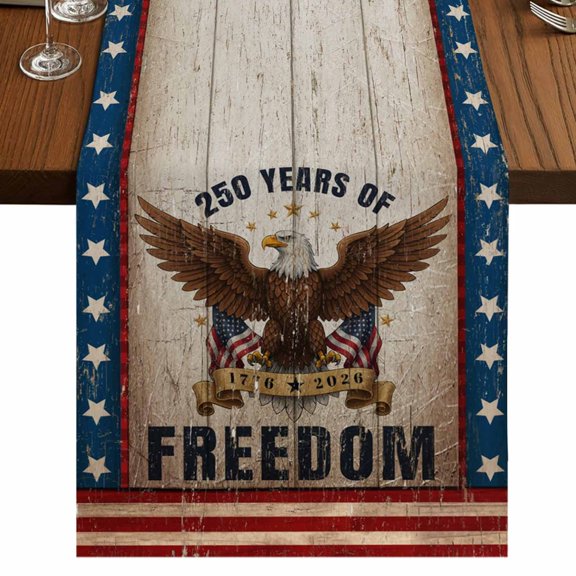 Anniversary USA Flag Burlap Cotton Table Runner 13x48 Inches Long, Eagle Blue Red Vintage Farmhouse Table Runners, Outdoor Dining Table Decor for Baby Shower/Party/Wedding
