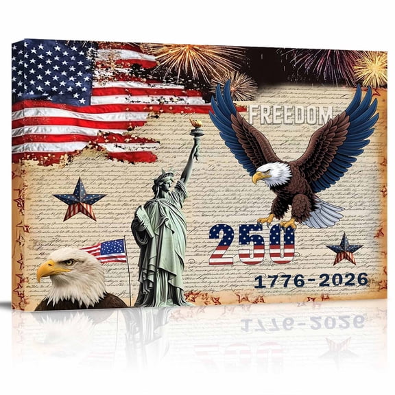 Anniversary USA Flag Canvas Print Wall Art Bald Eagle Statue of Liberty Pictures Painting Morden Artwork for Living Room Bedroom, Ready to Hang - 12"x16"