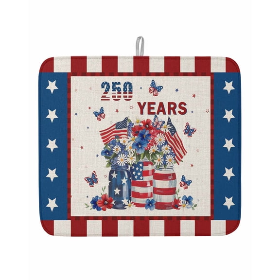 Anniversary USA Flag Dish Drying Mats for Kitchen Counter,Absorbent Microfiber Dish Drainer Rack Mat Stripes and Stars Patriotic Drying Pad for Sinks,Utensils,Countertops,16x18in