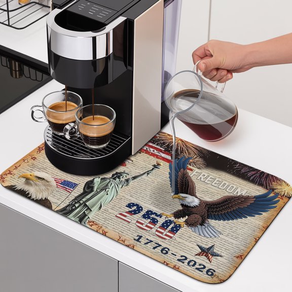 Anniversary USA Flag Dish Drying Mats for Kitchen Counter, Bald Eagle Statue of Liberty Absorbent Coffee Bar Mat with Non-slip Rubber Backed Quick Drying Dish Rack Pad 12"x16"