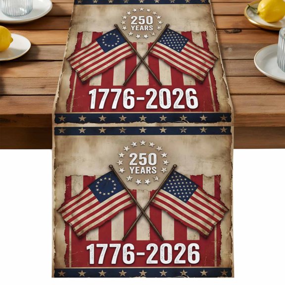 Anniversary USA Flag Table Runner 36 Inch Long Dresser Scarves Linen Tablerunners Vintage Brown American Flag Dining Kitchen Burlap Table Setting Decor for Wedding Party Holiday Coffee Home, 13"x36"