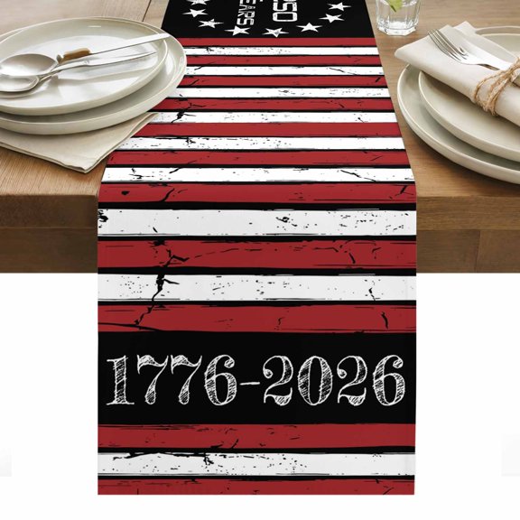 Anniversary USA Flag Table Runner Black Red American Flag Tablerunners 13 x 36 Inch, Table Decorations Tabletop Scarf for Summer Gathering Holiday Farmhouse Kitchen Dining Decor