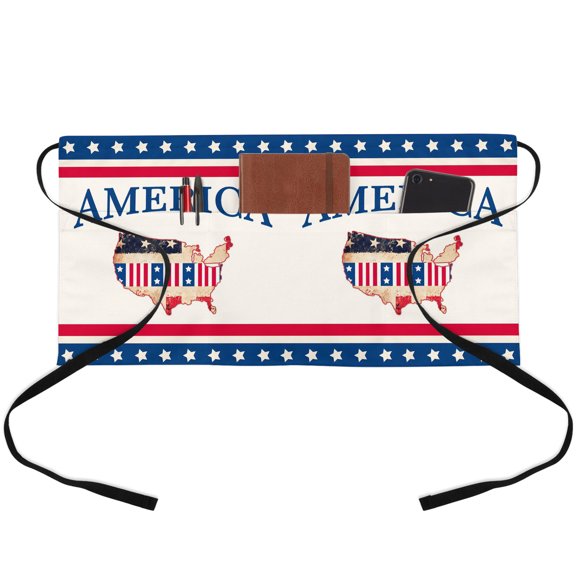 Anniversary USA Flag Waitress Apron with 3 Pockets, American Flag Red Blue Server Aprons Waterproof Kitchen Restaurant Half Waist Apron for Men Women