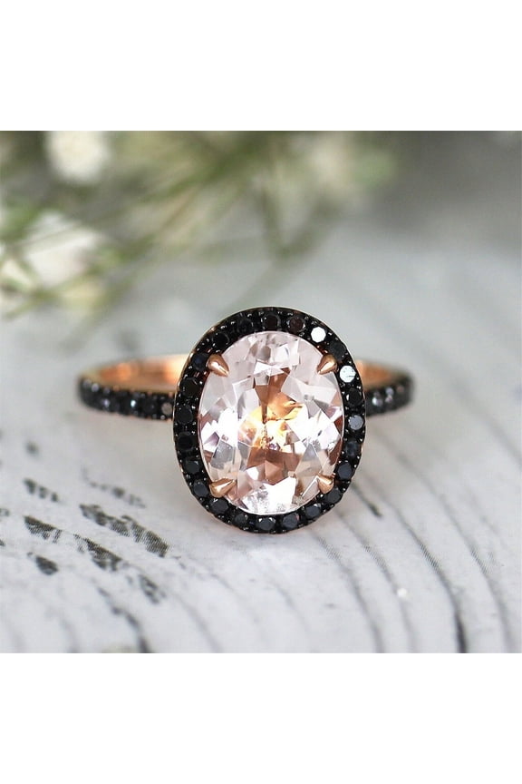 Anniversary Wedding Ring For Gift Oval Peach Morganite & Black Diamond Halo Engagement Ring 14K Rose Gold Plated