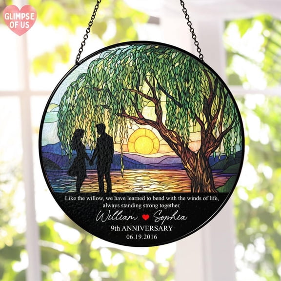 Anniversary Willow Stained Glass Suncatcher,Custom Willow Tree Wedding Anniversary Keepsake,Wedding Anniversary Gift For Her,Couple Gift, 3.5 in