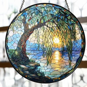 Anniversary Willow Stained Glass Suncatcher, Willow Tree 9 Year Anniversary Gift, Wedding Anniversary Gift For Her, Unique Gift for Couples, 6.3 in