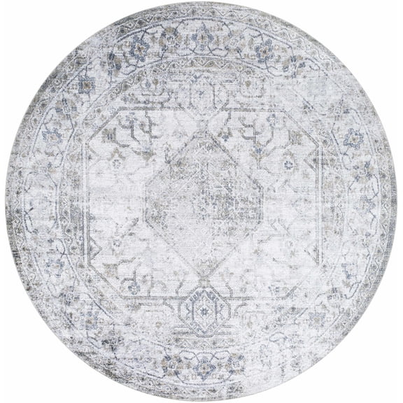 BoutiqueRugs Washable Gray Medallion 7ft Round Area Rug Traditional Sage Green Blue White Annlea Living Room Bedroom Dining Room Home Office Apartment 6'7" Round Easy Clean Stain Resistant
