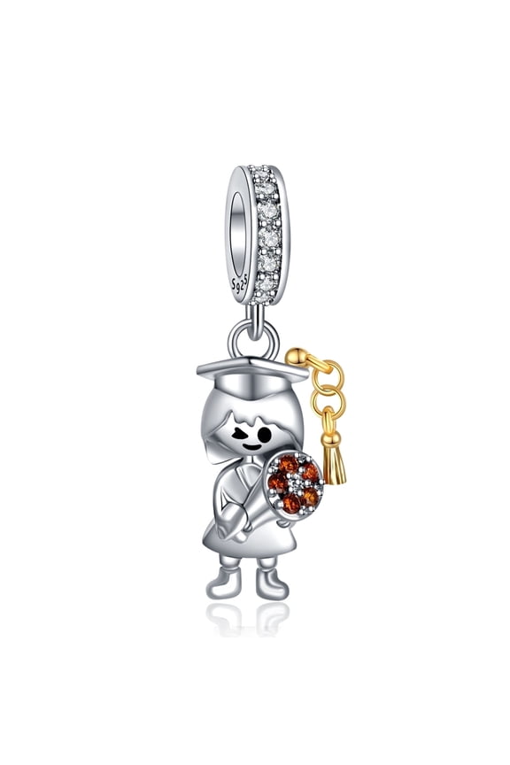Bachelor Graduation Students Cap & Flowers Cubic Zirconia Bracelet Charm, Sterling Silver