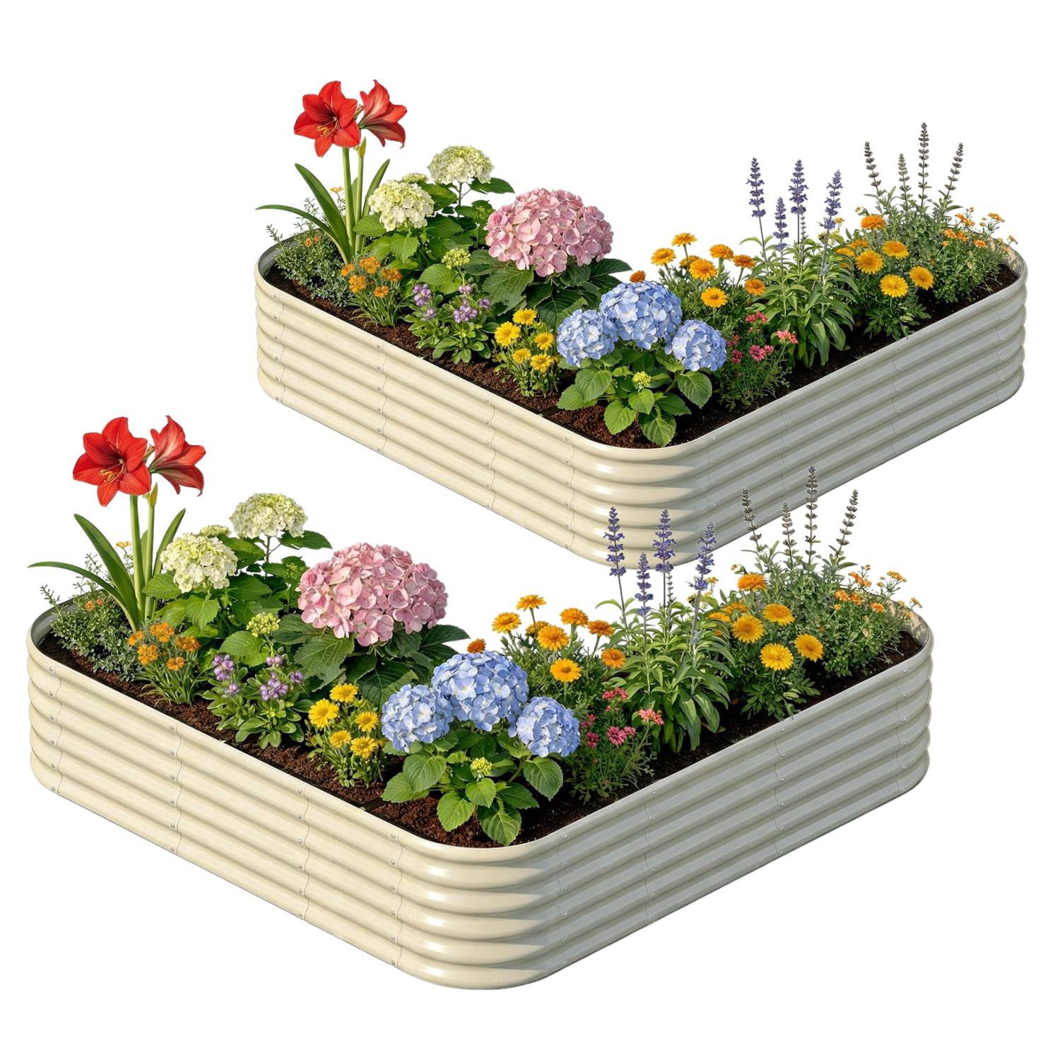 Annoell 2-Pack L-Shaped Metal Raised Garden Bed, 18" Tall Galvanized Steel Corner Raised Planter Box 7x7x1.5 ft for Backyard Patio - Sand Beige
