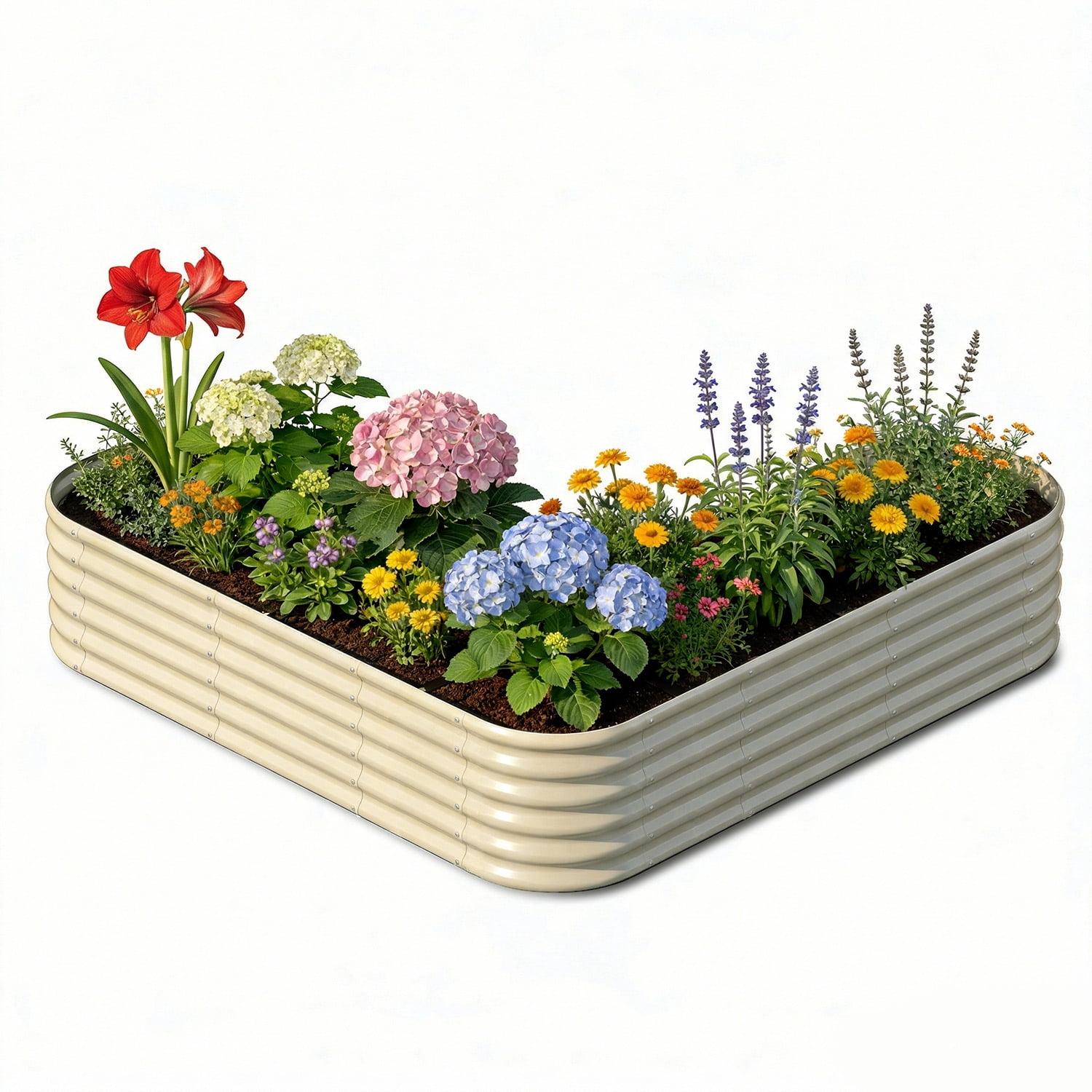 Annoell L-Shaped Metal Raised Garden Bed, 18" Tall Galvanized Steel Corner Raised Planter Box 7x7x1.5 ft for Backyard Patio - Sand Beige