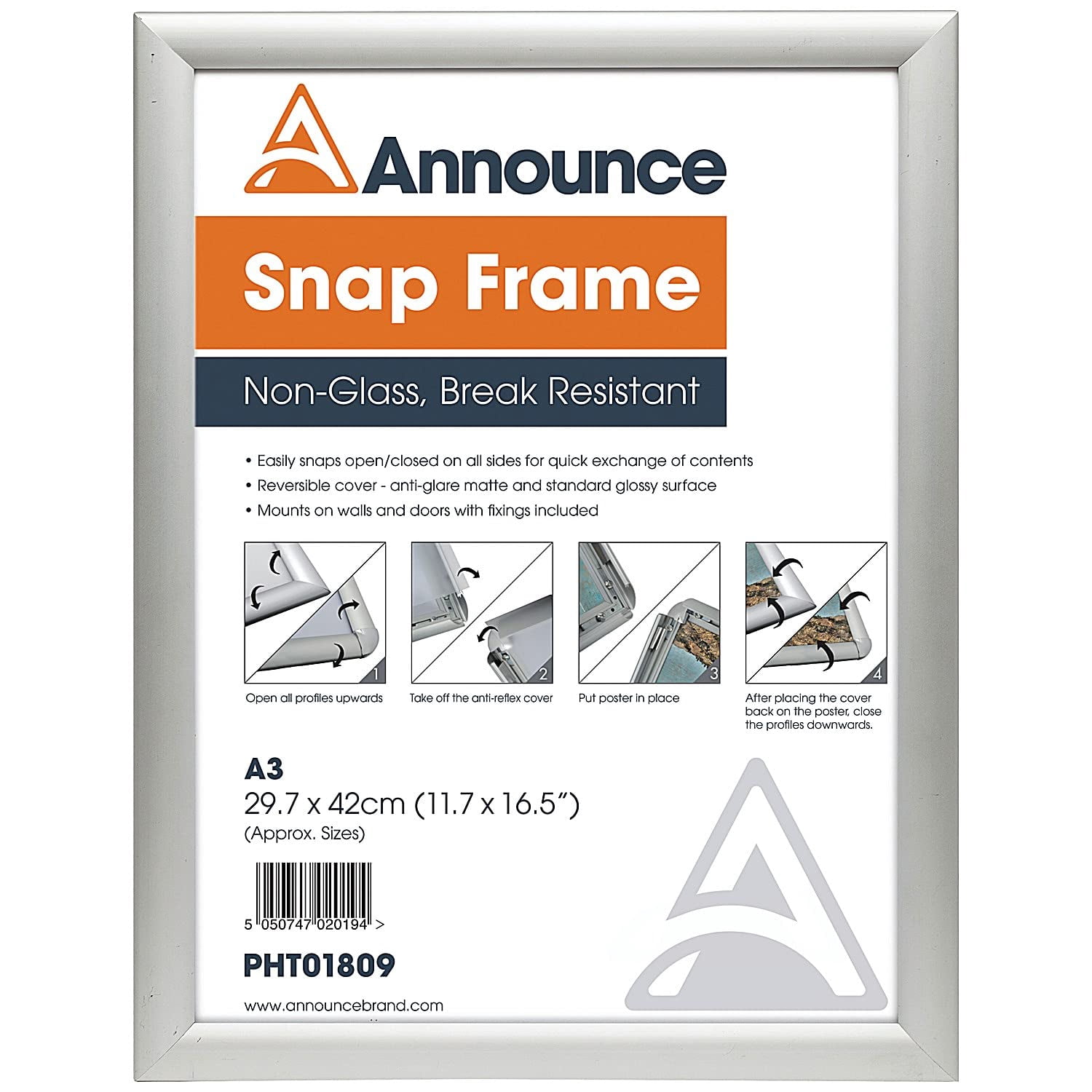 A3 Snap Frame - Aluminium Poster Holder With Anti-Glare Cover