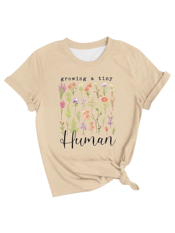 Announcement Shirt Women Growing Tiny Human Tshirt Floral Maternity Reveal Tee Pregnancy Tops (Beige,L)