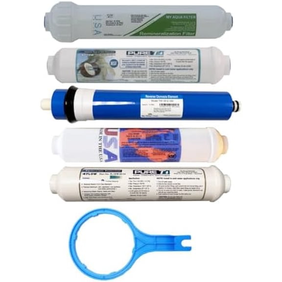 Annual 5-Filter Set for 5-stage Remineralization Countertop RO Systems, including Sediment, Second Stage, 100 GPD RO membrane, post T-33 type filter, and 4in1 Re-mineralization inline filter