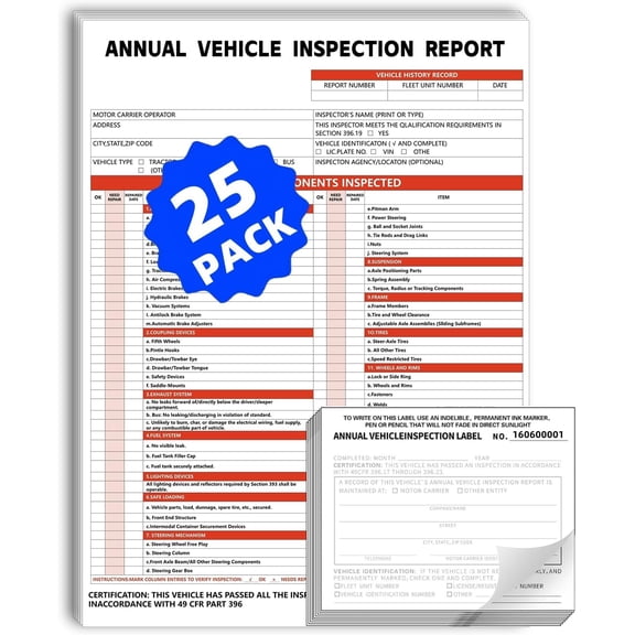 Annual Inspection Report Form and Label, 25-Pack 3-Layer Inspection Forms, 2-Ply Annual Adhesive Vinyl Label