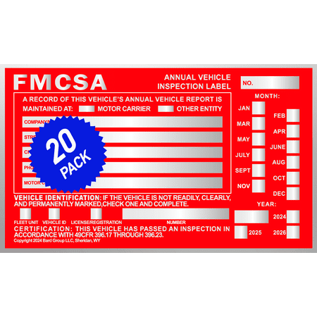 Annual Vehicle Inspection Label Aluminum with Punch Boxes, 20-PACK. Red FMCSA Sticker, DOT Compliant.