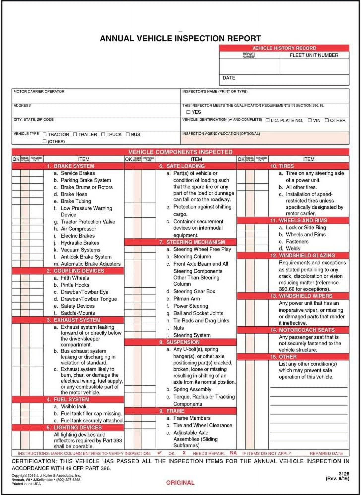 Annual Vehicle Inspection Report Form 10-pk. - Snap-Out Format, 3-Ply, Carbonless, 8.5" x 11.75 ...