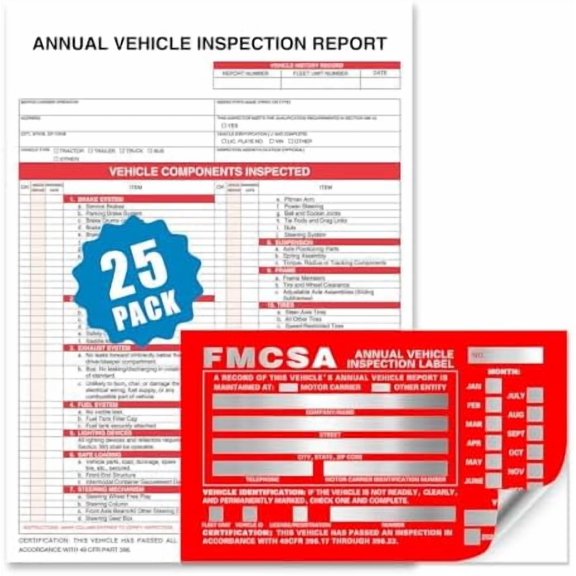 Annual Vehicle Inspection Report Form 25-pk 3-Ply Carbonless, 8.5" x 11.75" + Label Aluminum, Permanent Adhesive 6" x 3.5"