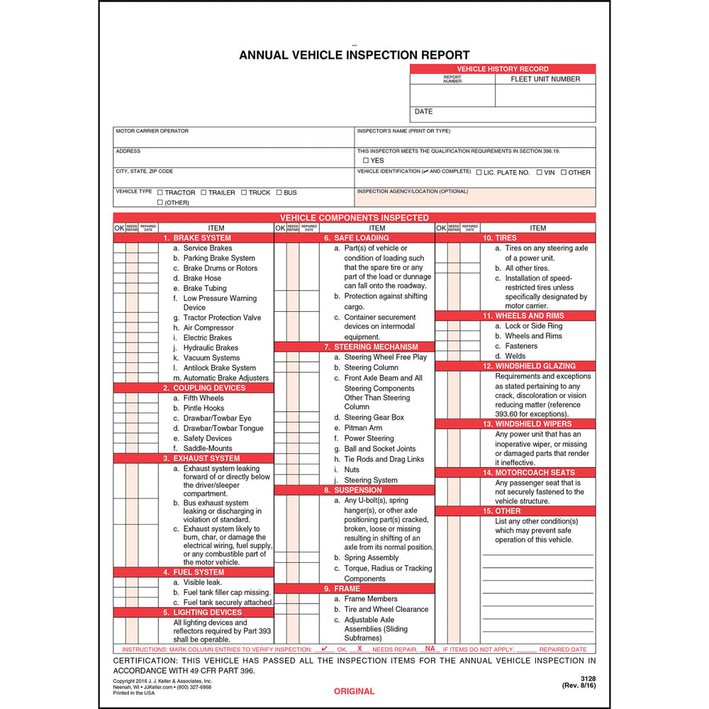 Annual Vehicle Inspection Report Form 50-pk. - Snap-Out Format, 3-Ply, Carbonless, 8.5" x 11.75"
