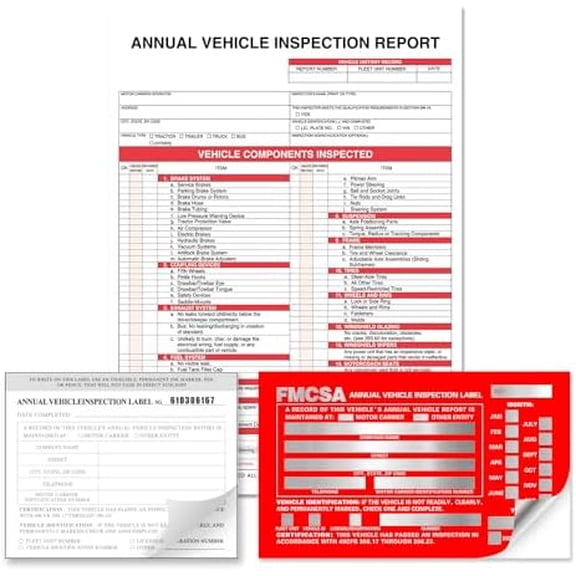Annual Vehicle Inspection Report Form with Red Exterior Aluminum Inspection Label (6"x3.5"), and White Interior Inspection Label (5"x4") 25-pk$$Office