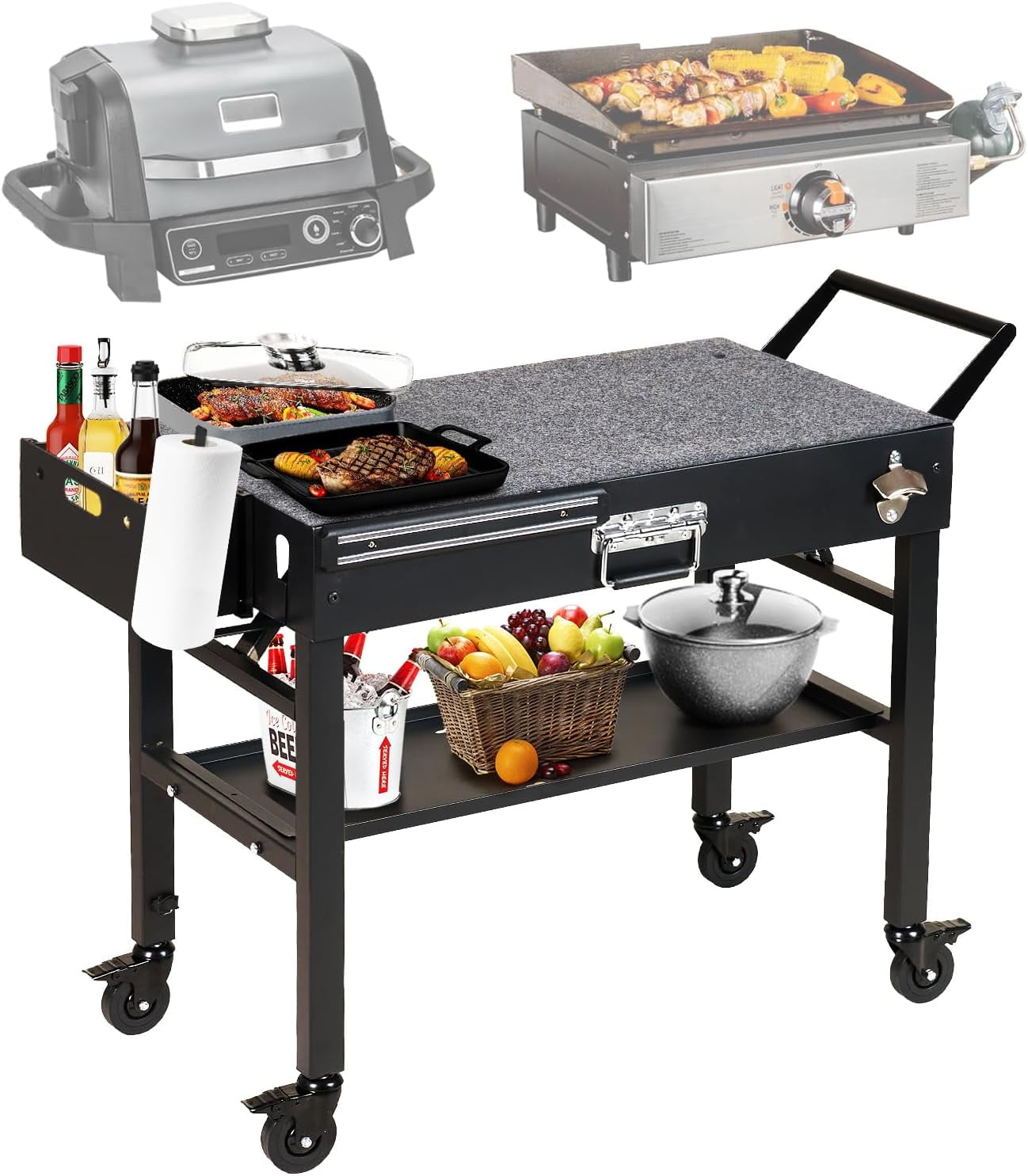 Annualring Portable Outdoor Grill Cart, Folding Grill Table with Wheels, Sturdy and Stable, 31" x 17" Large Space Grill for Ninja Grill, Pizza Oven, Weber Grill Blackstone Grill Pan 17"/22" etc.