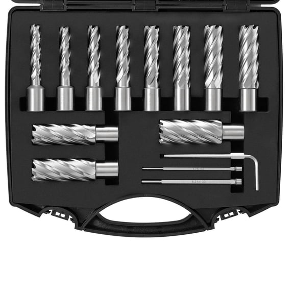 Annular Cutter Set 13pcs, Mag Drill Bits 7/16"-1-1/16", 2" Depth, M2AL HSS, Weldon Shank, w/ Pilot Pins & Case