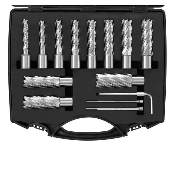 Annular Cutter Set 13pcs, Mag Drill Bits 7/16-1-1/16", 2" Depth, M2AL HSS, Weldon Shank, with Pilot Pins & Case for Steel Drilling